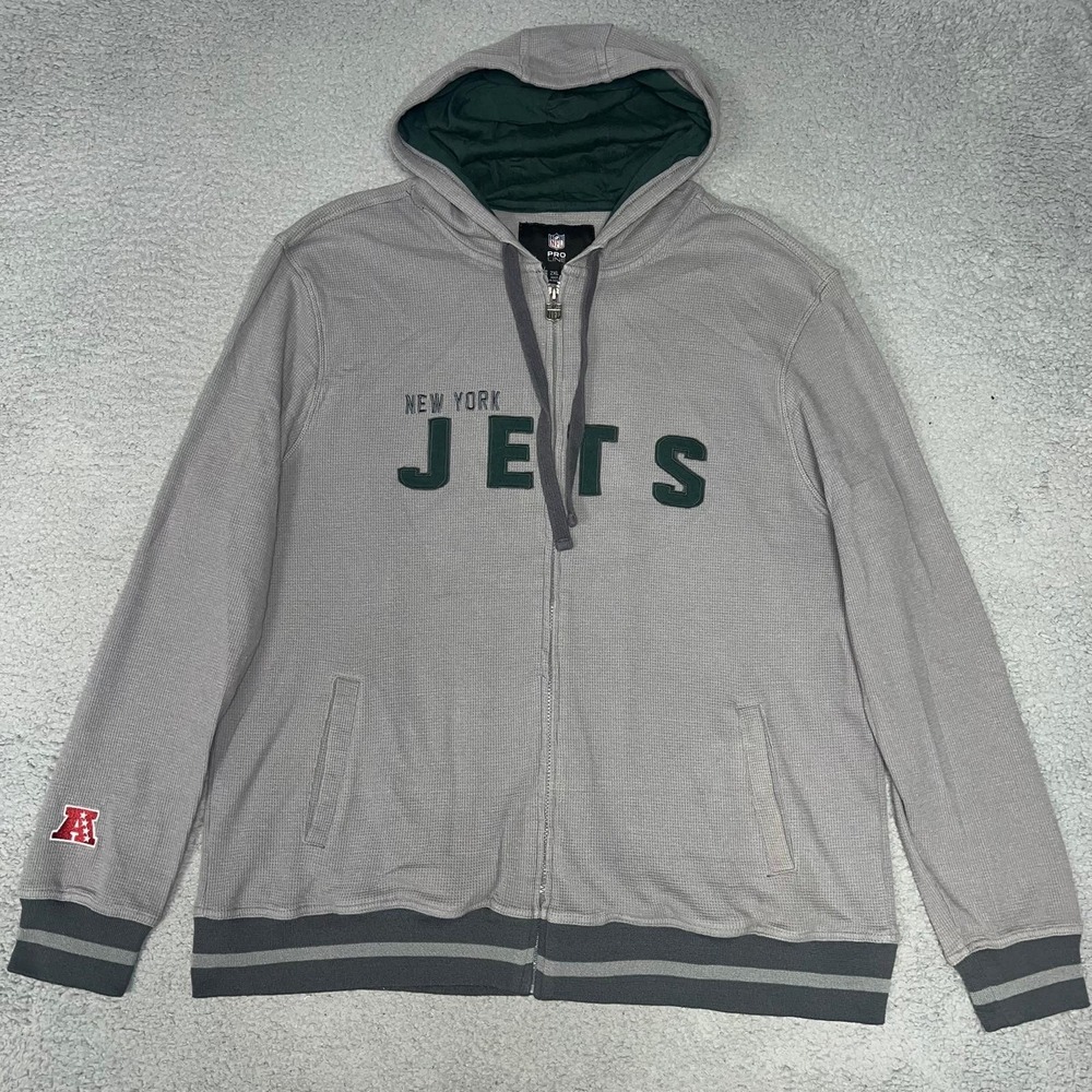 New York Jets Hoodie Men's 2XL XXL Gray Waffle Knit Pro Line 2-Sided Jacket NFL